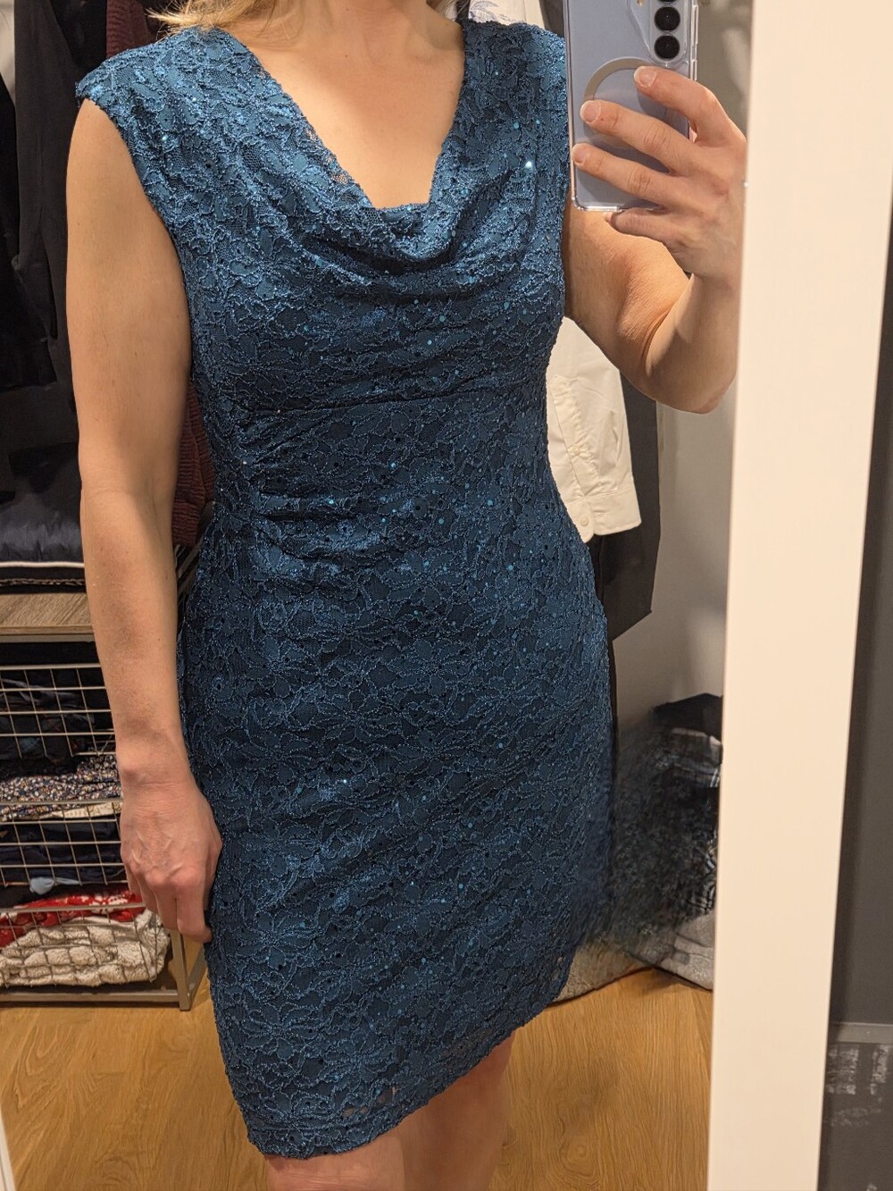 Sleeveless Teal Lace Cowl Neck Dress